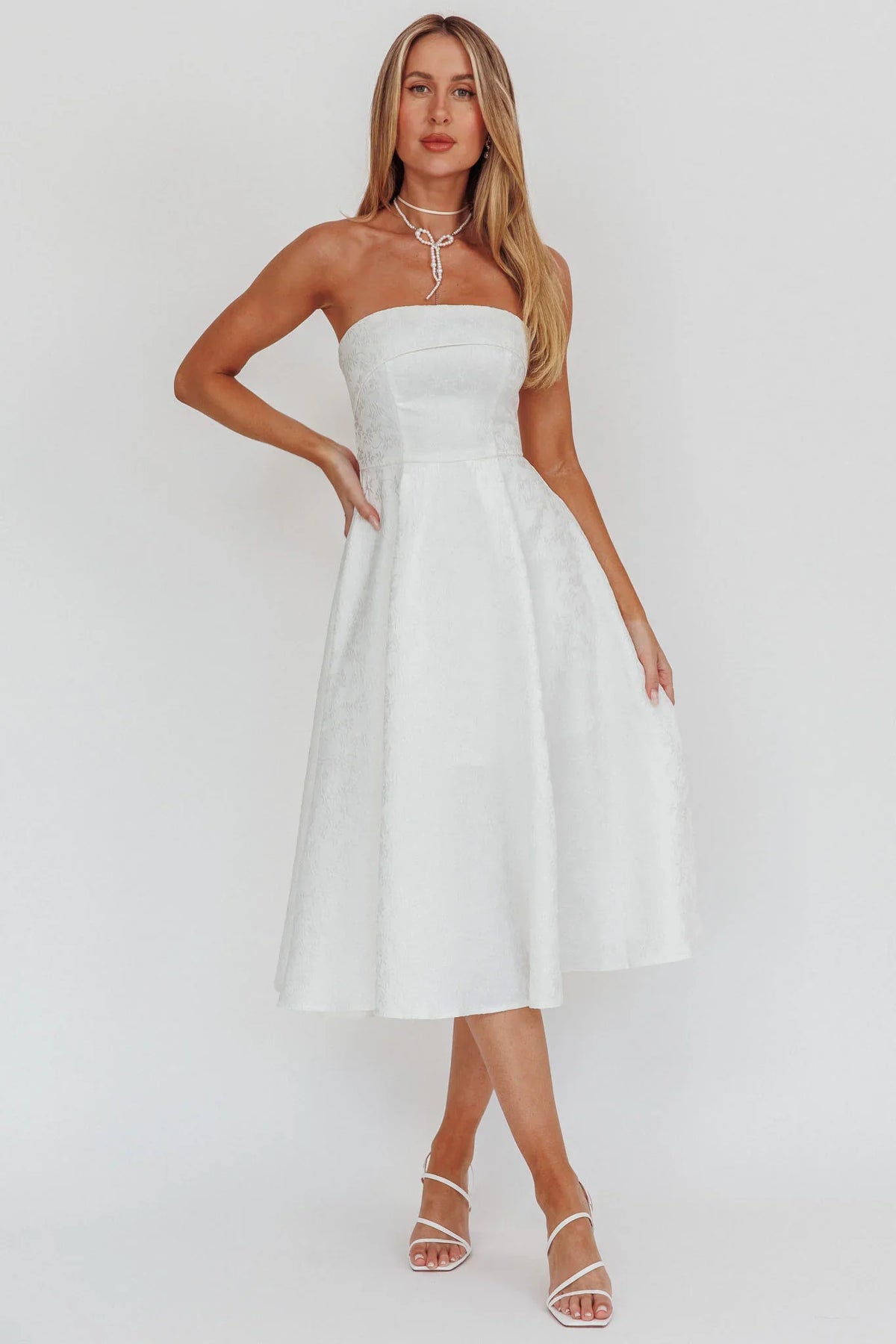 Worship Strapless A-Line Midi Dress White