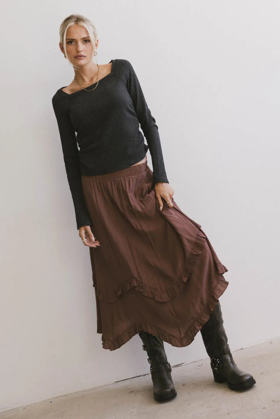 Cosette Ribbed Ruched Top in Charcoal - FINAL SALE