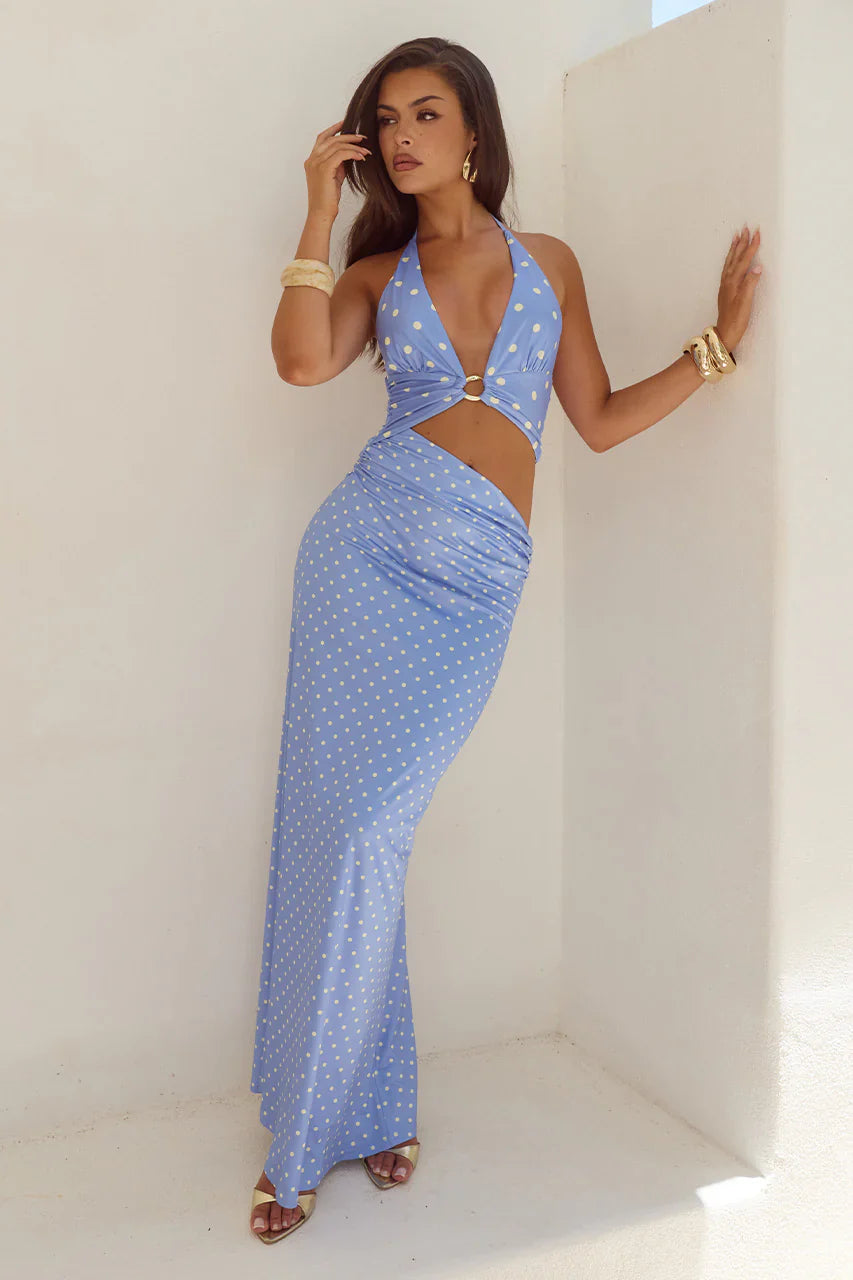 LUMIA HALTER CUTOUT MAXI DRESS - PERIWINKLE/LEMON POLKA