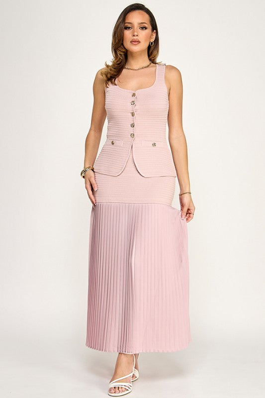 Elegant Muse Pleated Maxi Skirt Set - Mauve