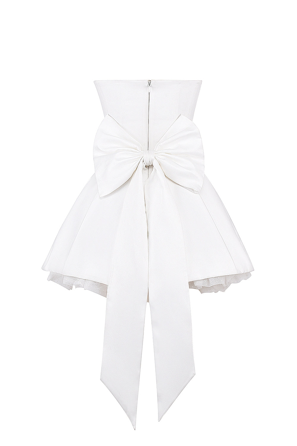 white satin strapless bow mini gown
