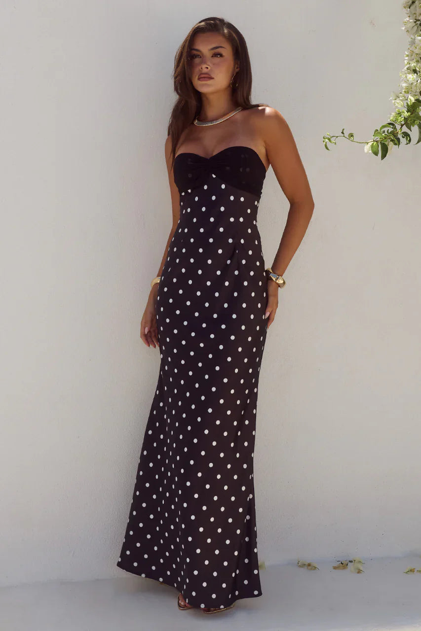 KADIE OFF SHOULDER MAXI DRESS - BLACK/WHITE POLKA