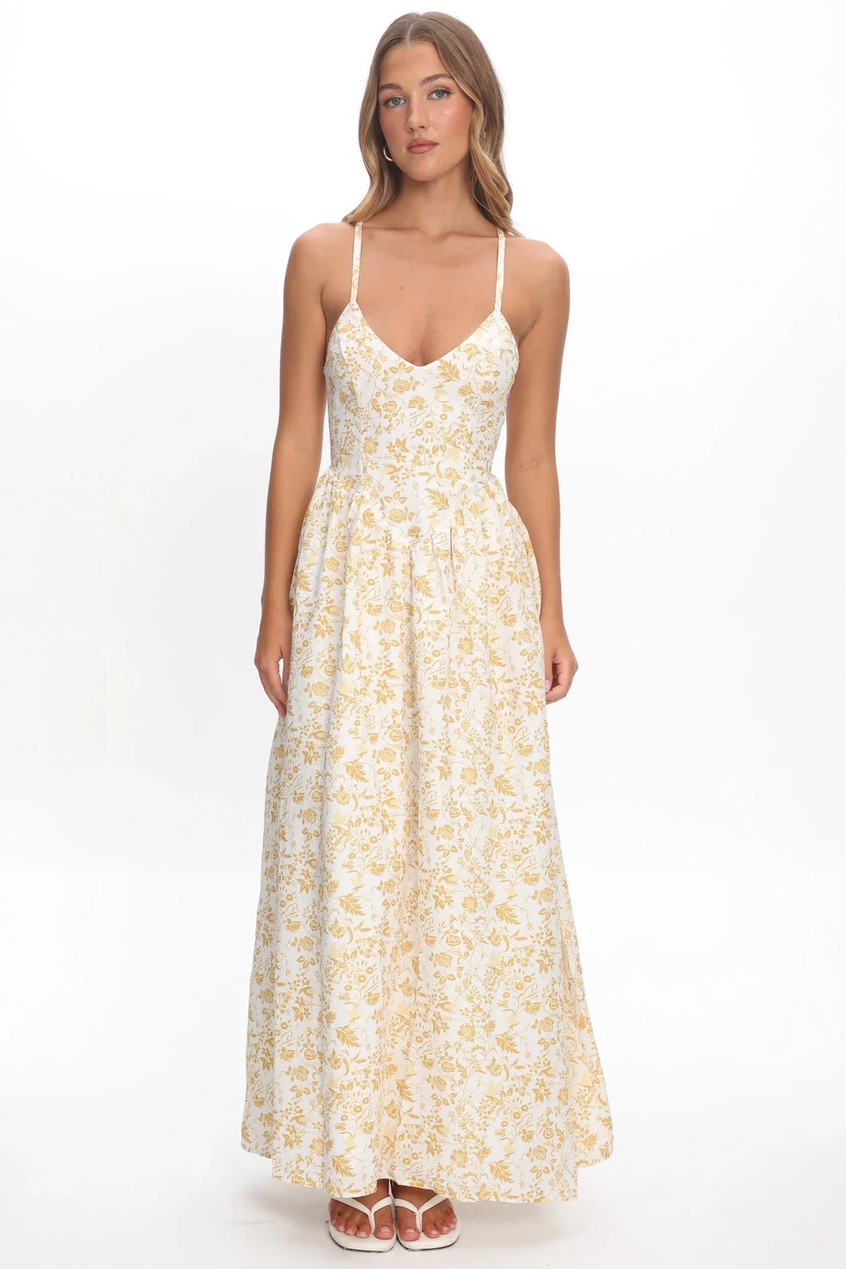 Enchanted Leaf Floral Print A-Line Maxi Dress Yellow