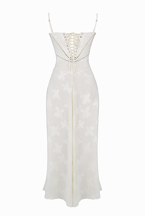 vintage cream floral lace back maxi dress