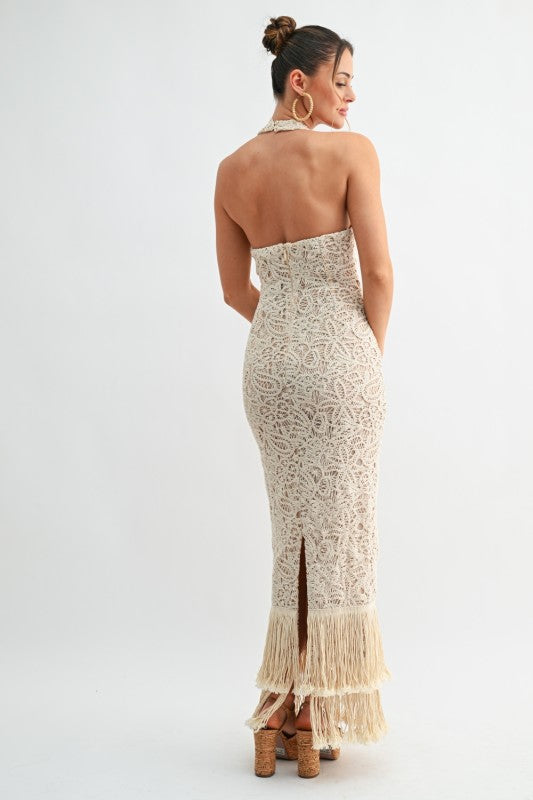 Isla Fringe Crochet Maxi Dress - Natural