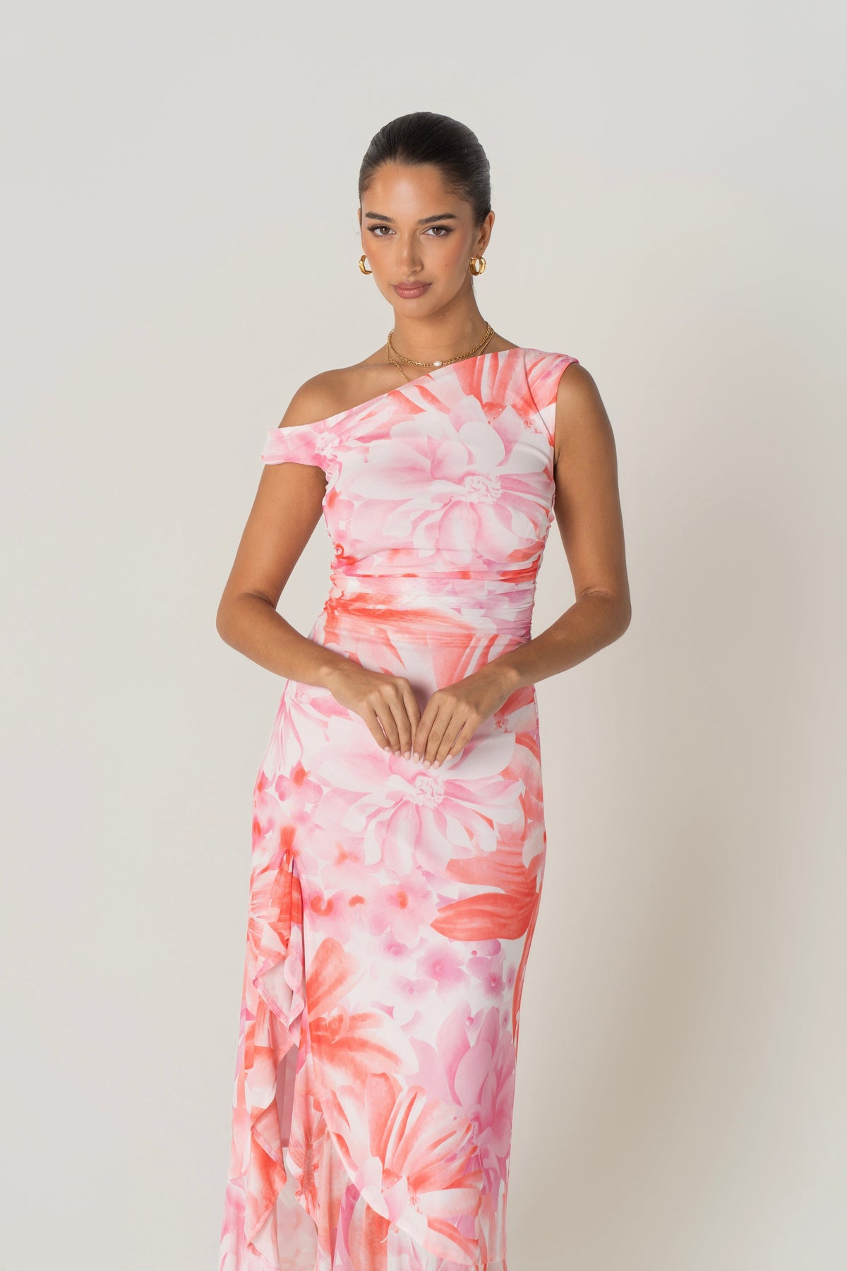 Calina Pink Drop Shoulder Floral Maxi Dress
