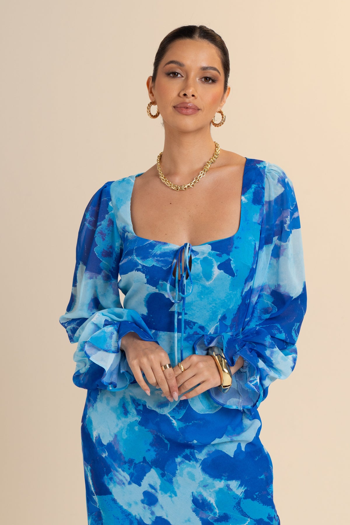 Mika Long Sleeve Blue Print Maxi Dress
