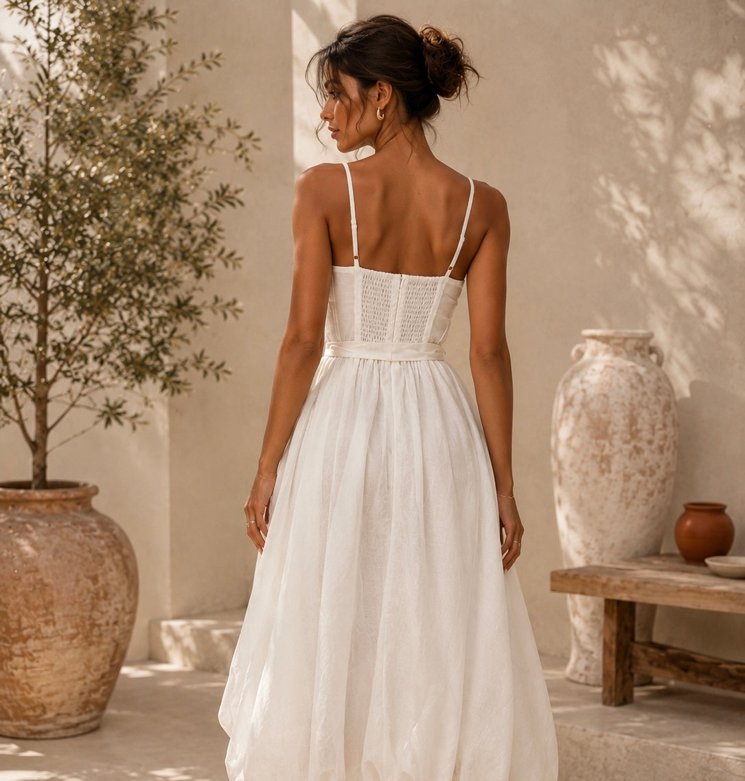 Ethereal Blossom High-Low Dress – White