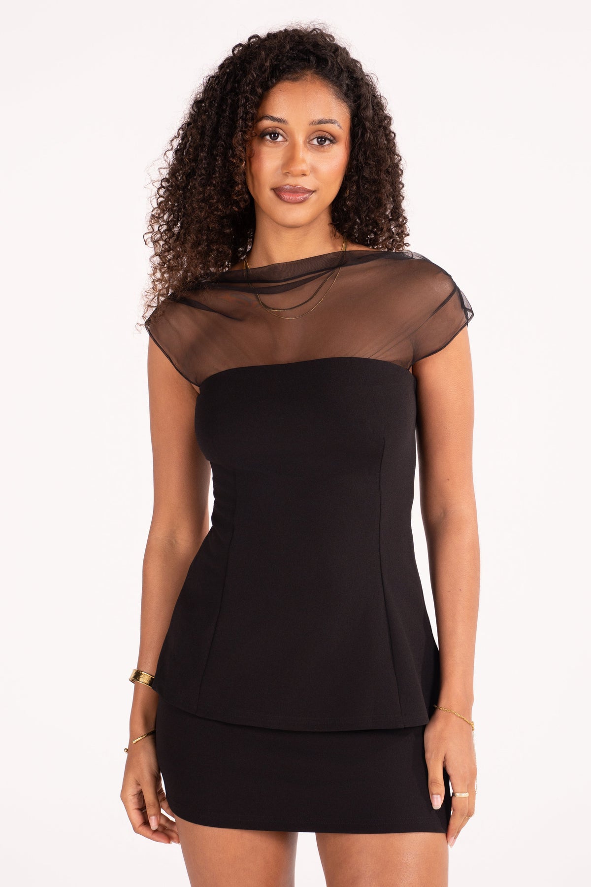 Giuliana Black Strapless Peplum Top with Sheer Neckline & Mini Skirt Set