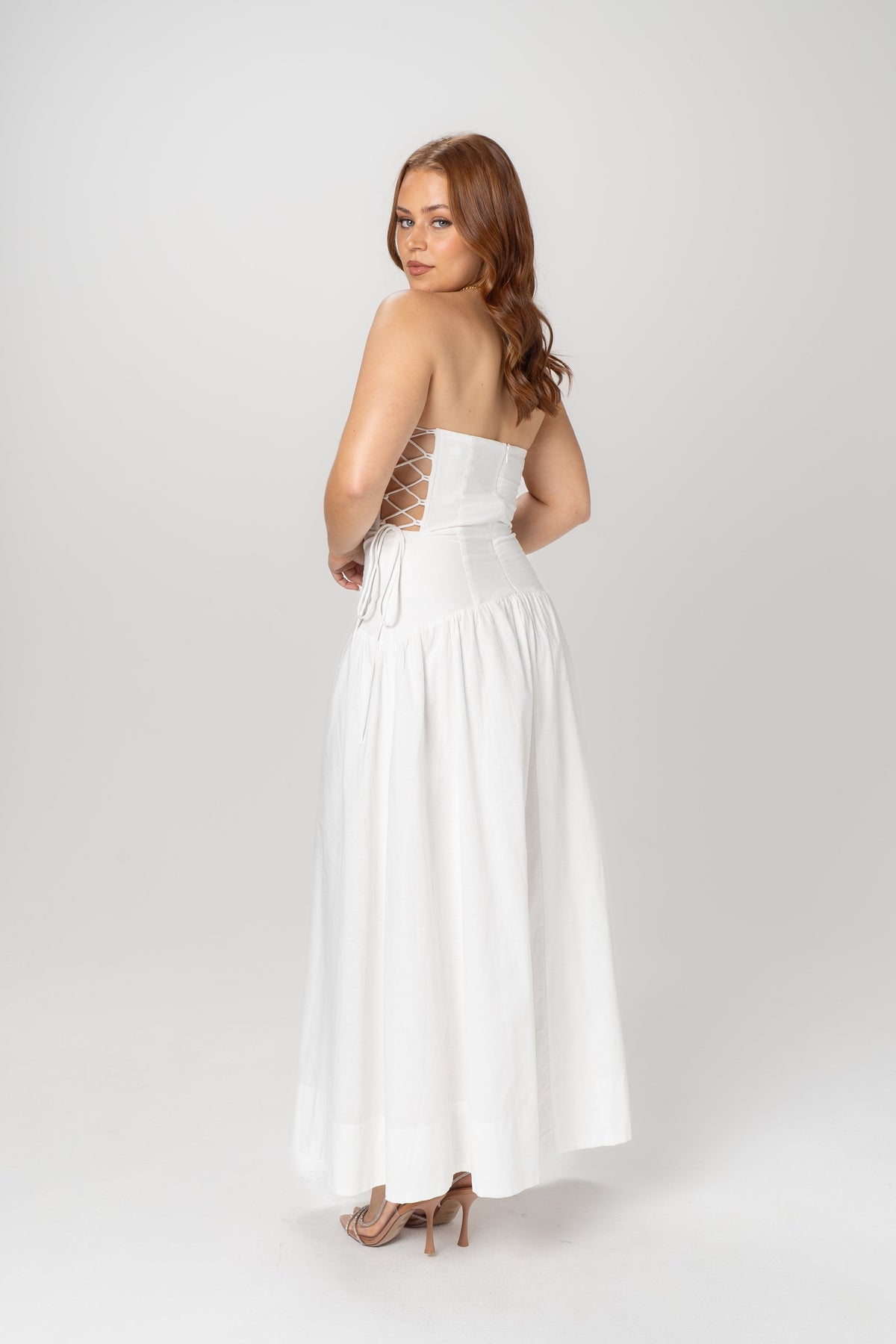 Gracelyn White Strapless Midi with Adjustable Cut-Out Ties