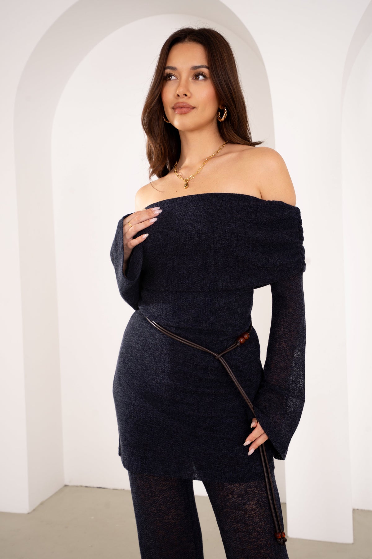 Halston Navy Off-Shoulder Long Sleeve Tunic & High Waisted Pants Set
