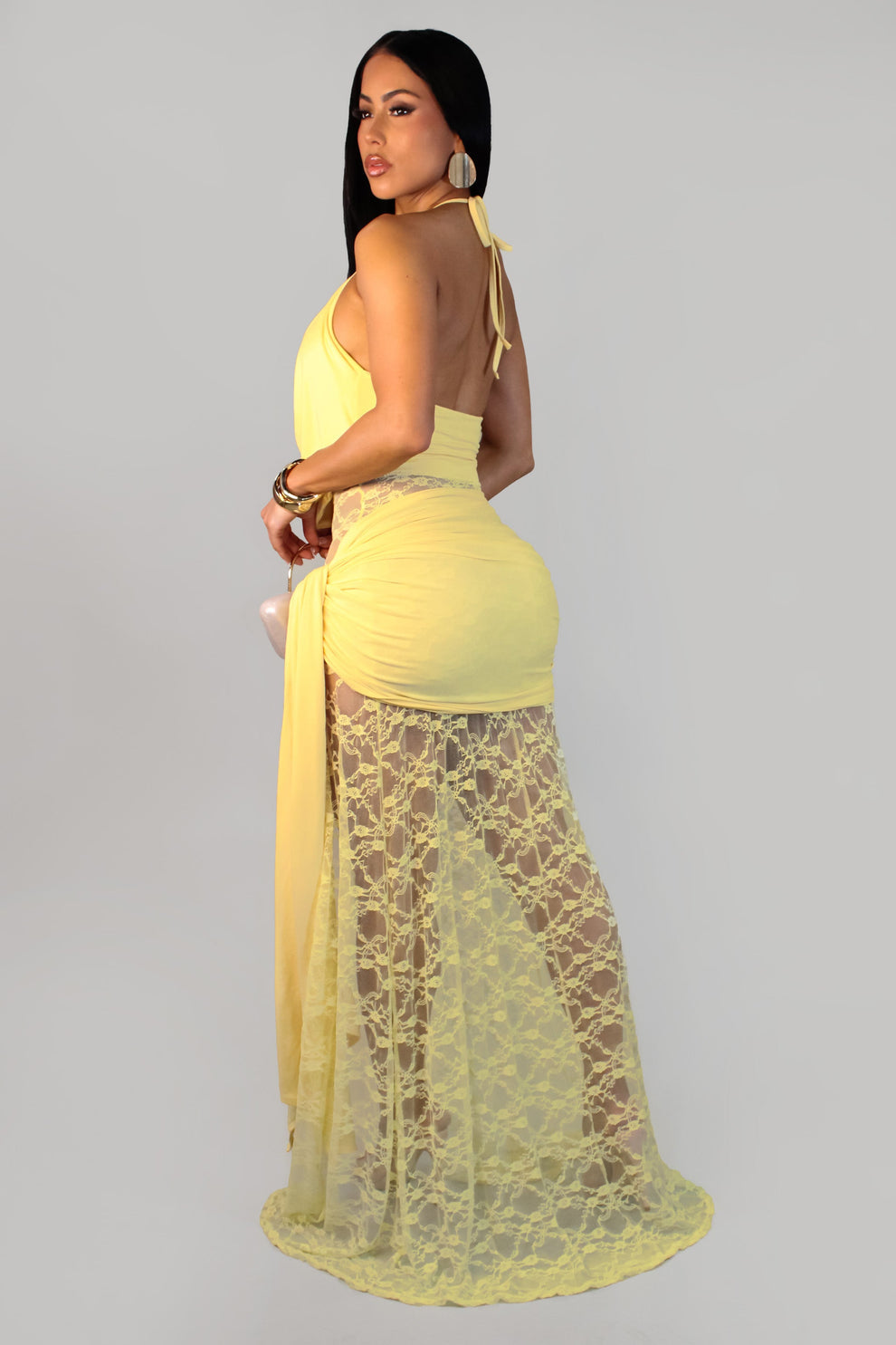 Lace Illusion Draped Halter Gown Maxi Dress - Yellow