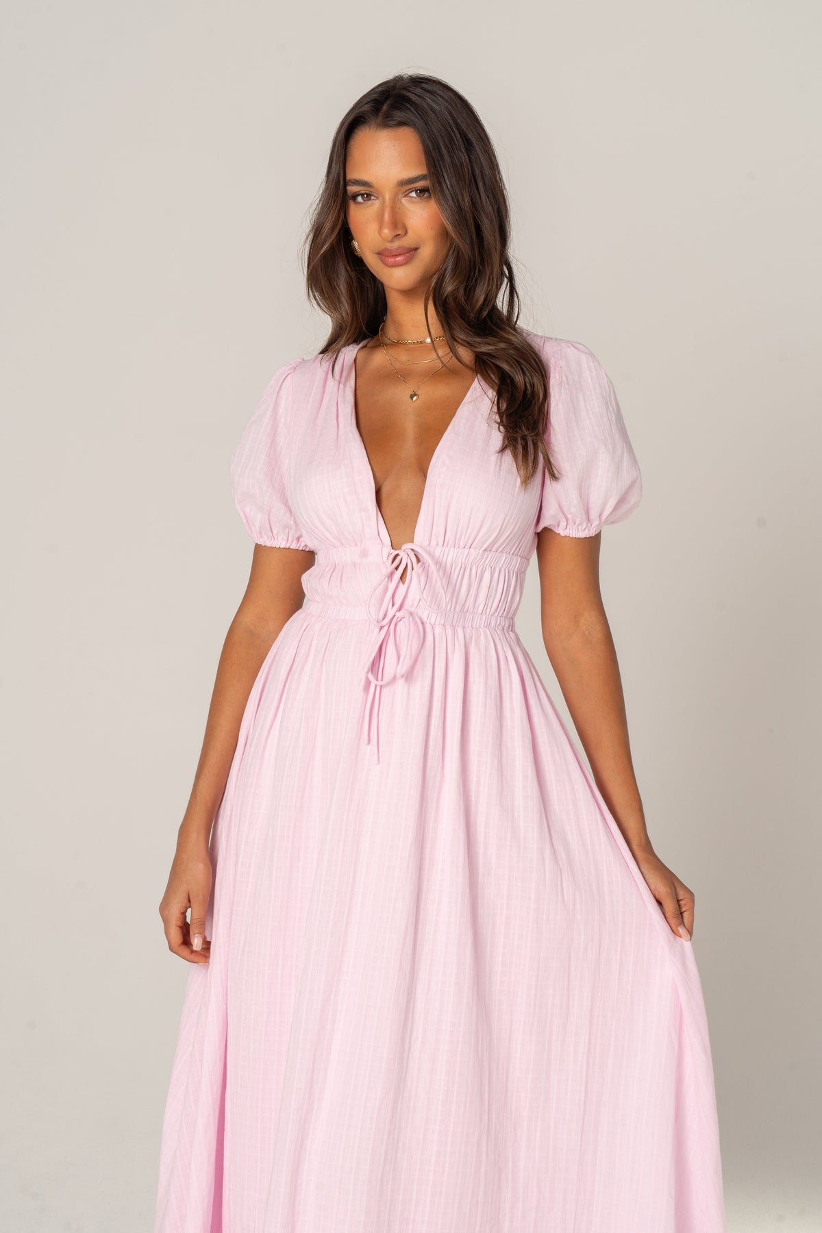 Iliana Pink Puff Sleeve V-Neck Max Dress