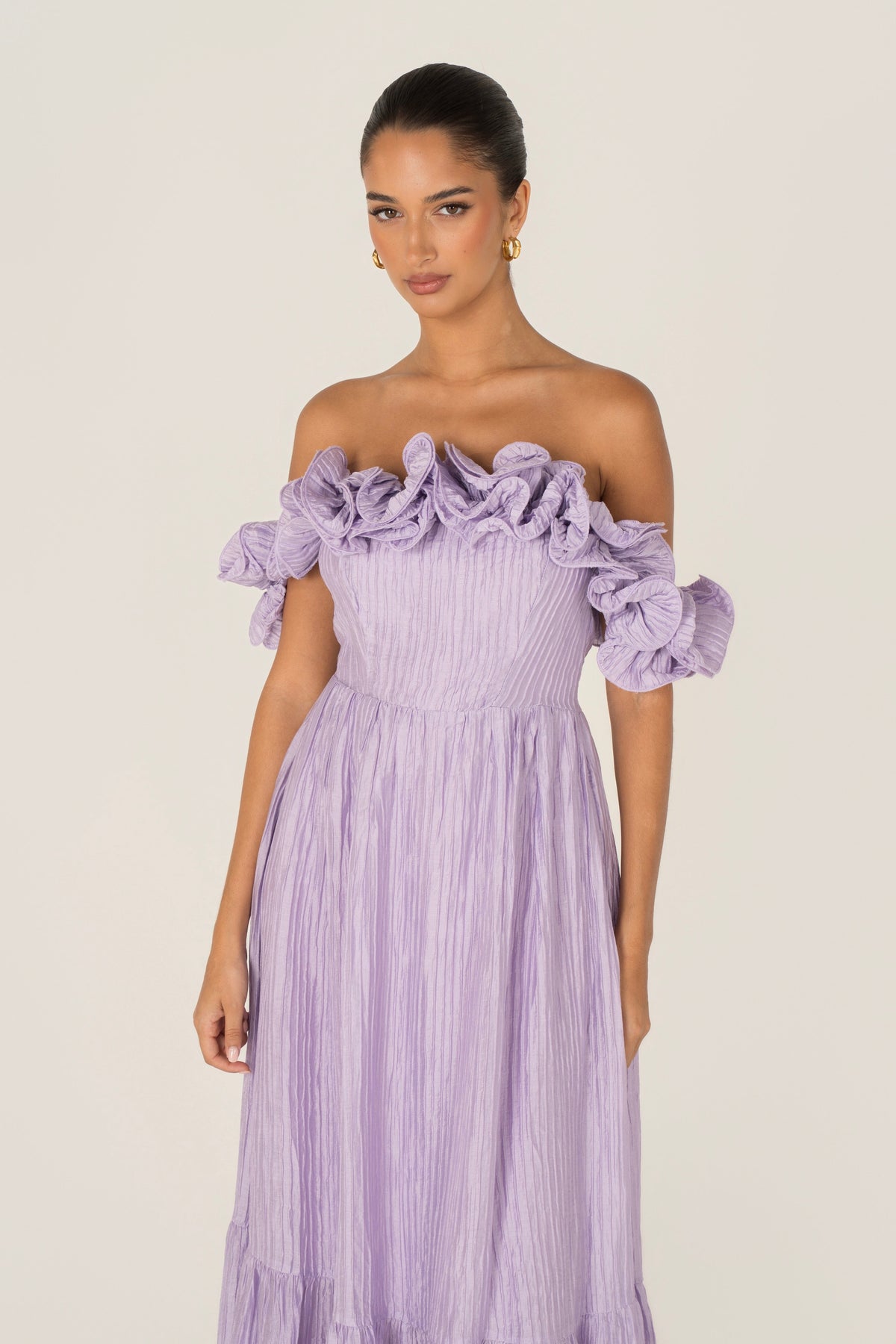 Rhea Off-Shoulder Ruffle Trim Maxi Dress