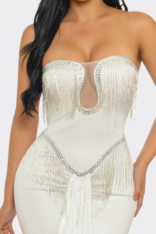 Golden Fringe Siren Maxi Gown - White