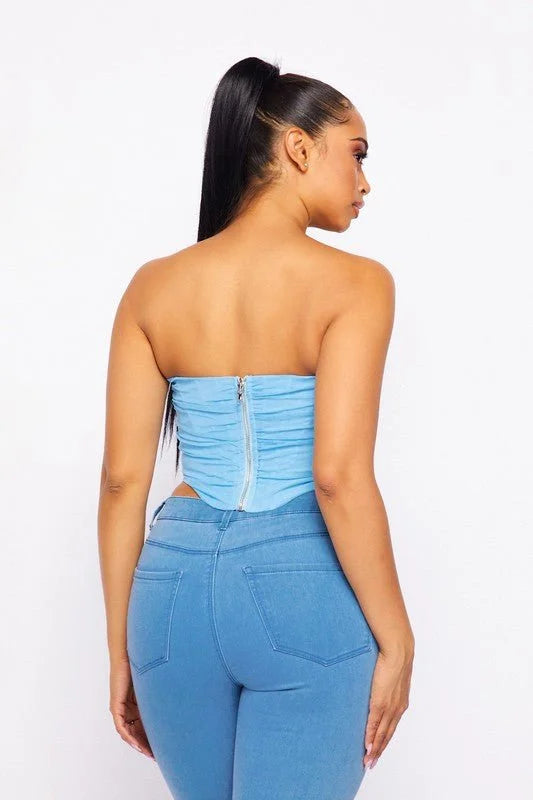 Alondra Sky Blue Corset Top with Mesh Double Layer