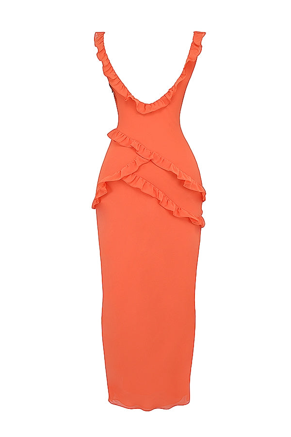 flame orange ruffle maxi dress