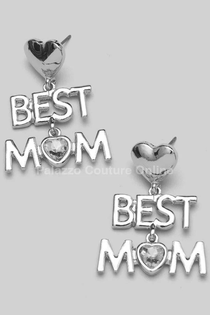 Best Mom Earrings with Heart Detail and Crystal Accent