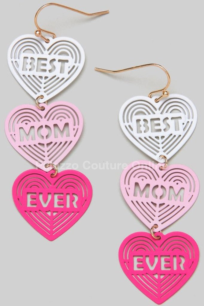 Best Mom Ever Mom Dangle Earrings with Triple Heart Design