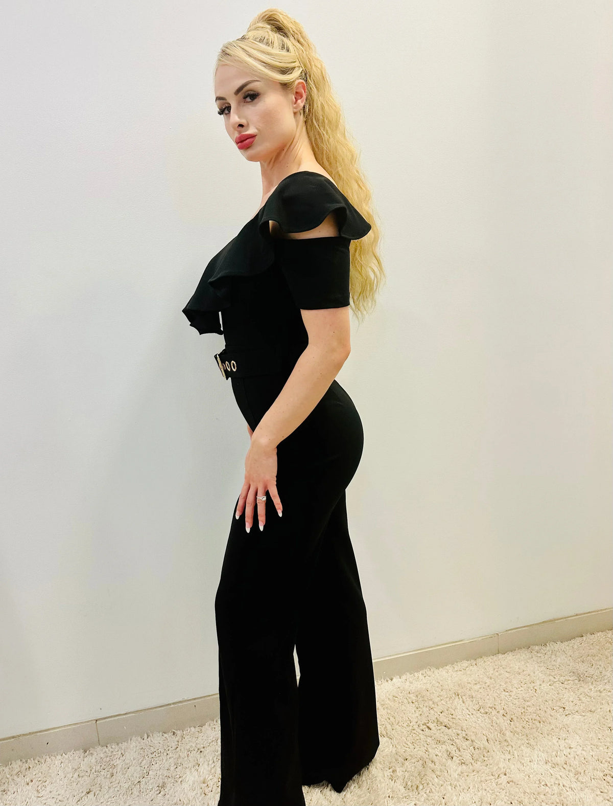 Black Jumpsuit Ruffle Detailed Fashion Jumpsuit with Belt