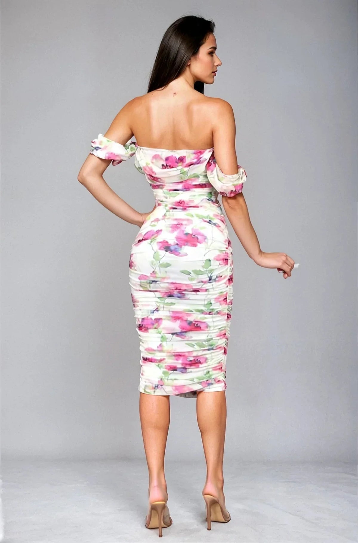 Bloom Allure Off-Shoulder Mesh
Midi Dress - Fuchsia Multi