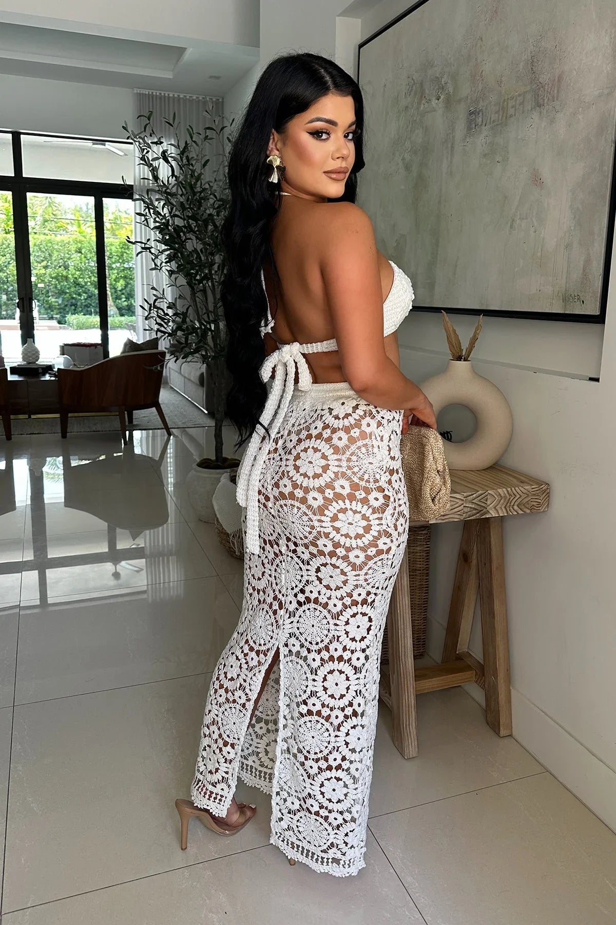 Boho Bloom Crochet Skirt Set - White