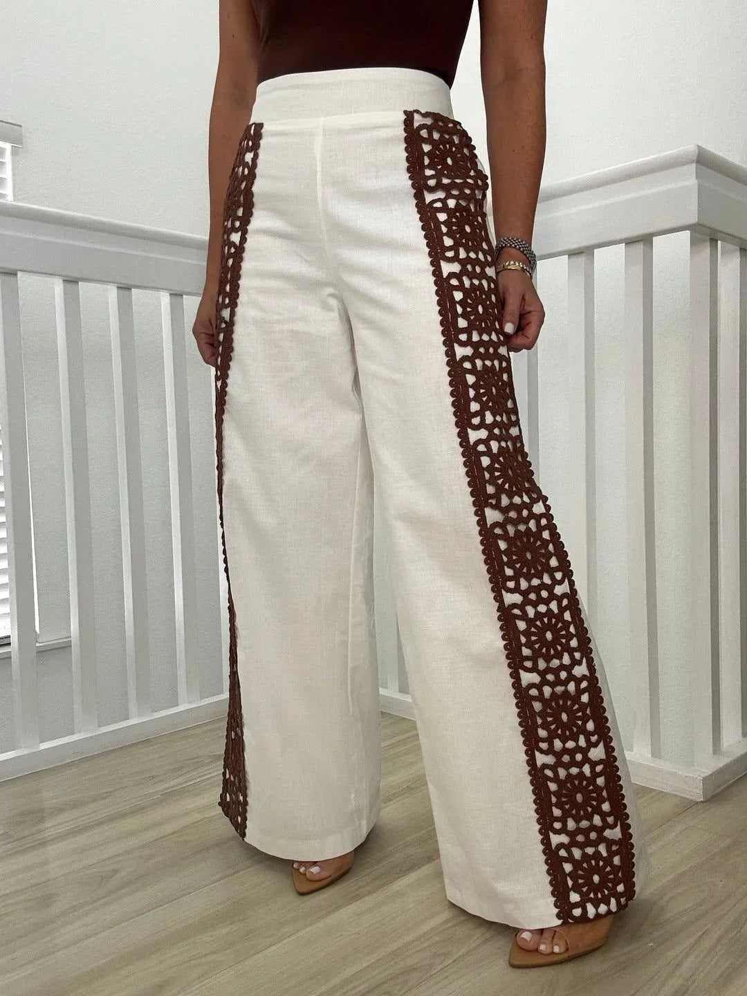 Boho Luxe Wide-Leg Crochet Panel Pants