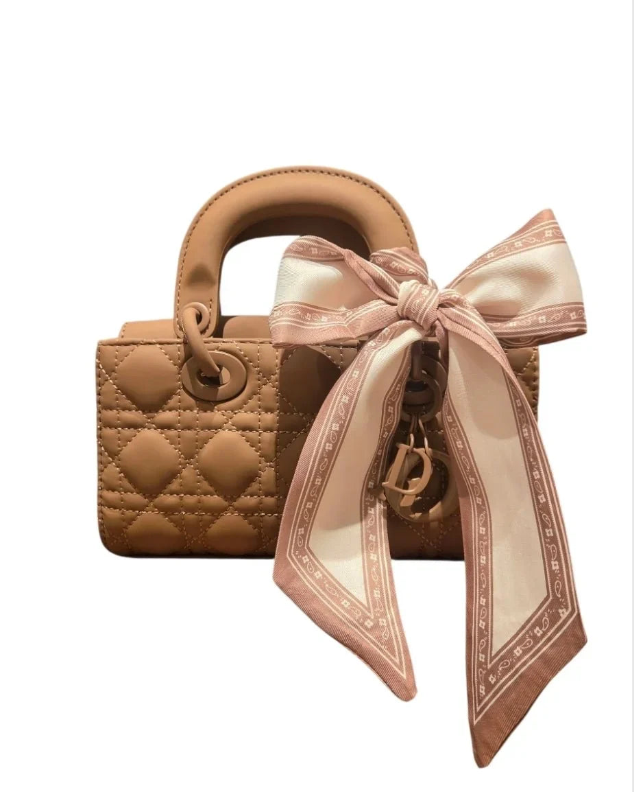 Bow Charm Quilted Mini Tote Bag with Detachable Scarf Accent