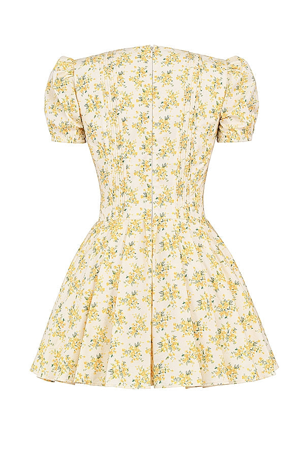 buttercup vintage floral print pleated cotton mini dress