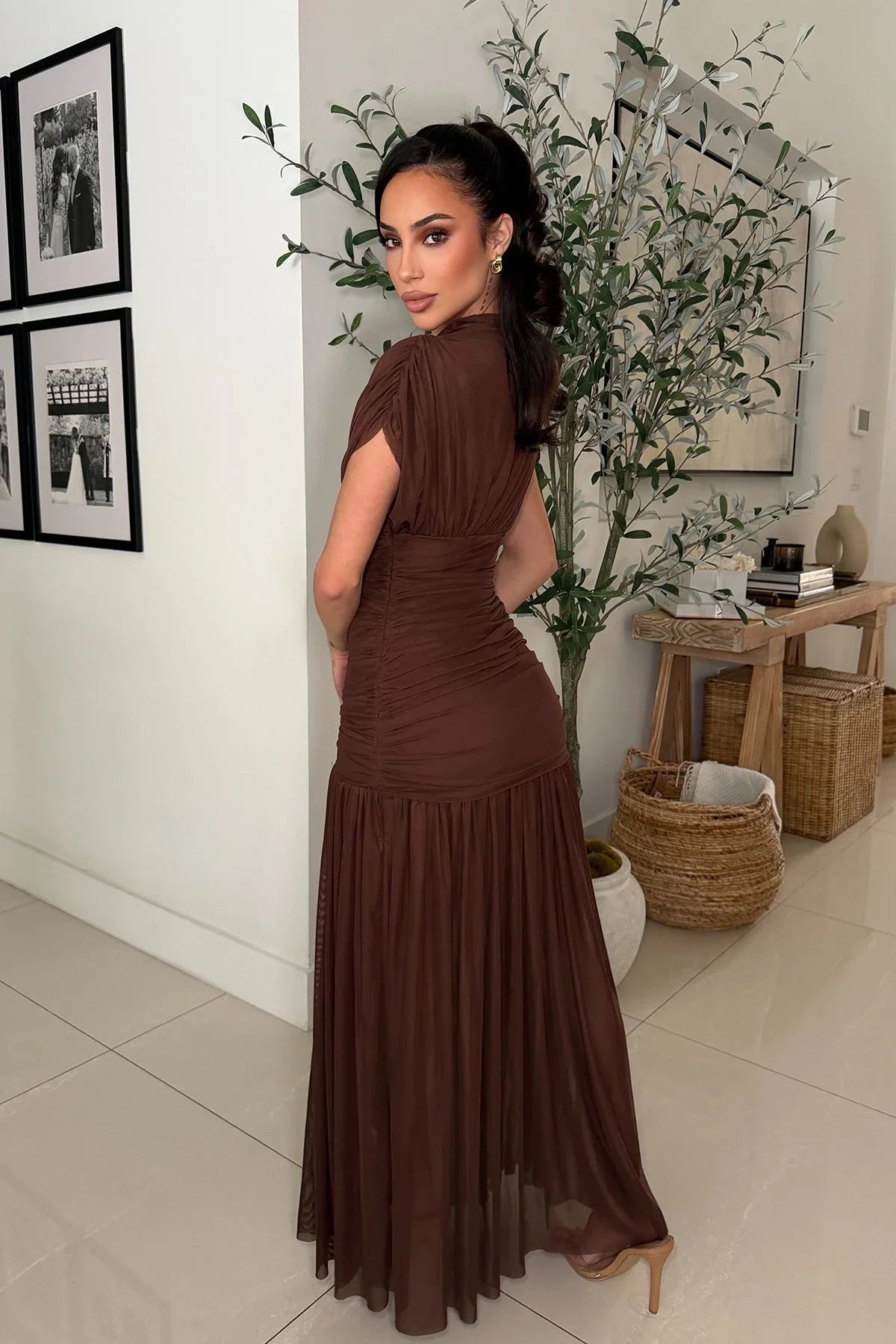 Celeste Draped Mesh Pleated Maxi Dress - Brown