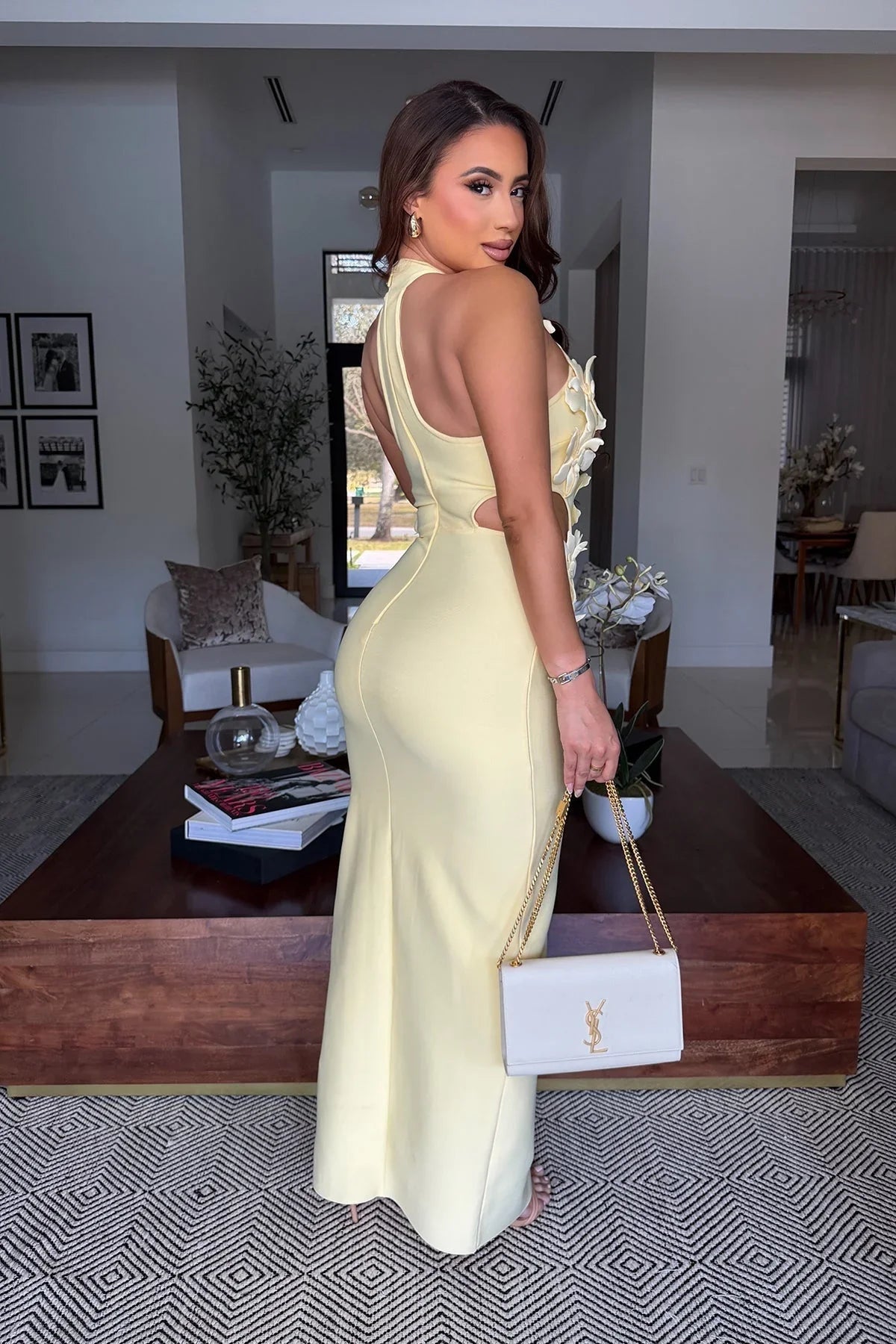 Celestia Sculpted Floral Bandage Gown - Yellow
