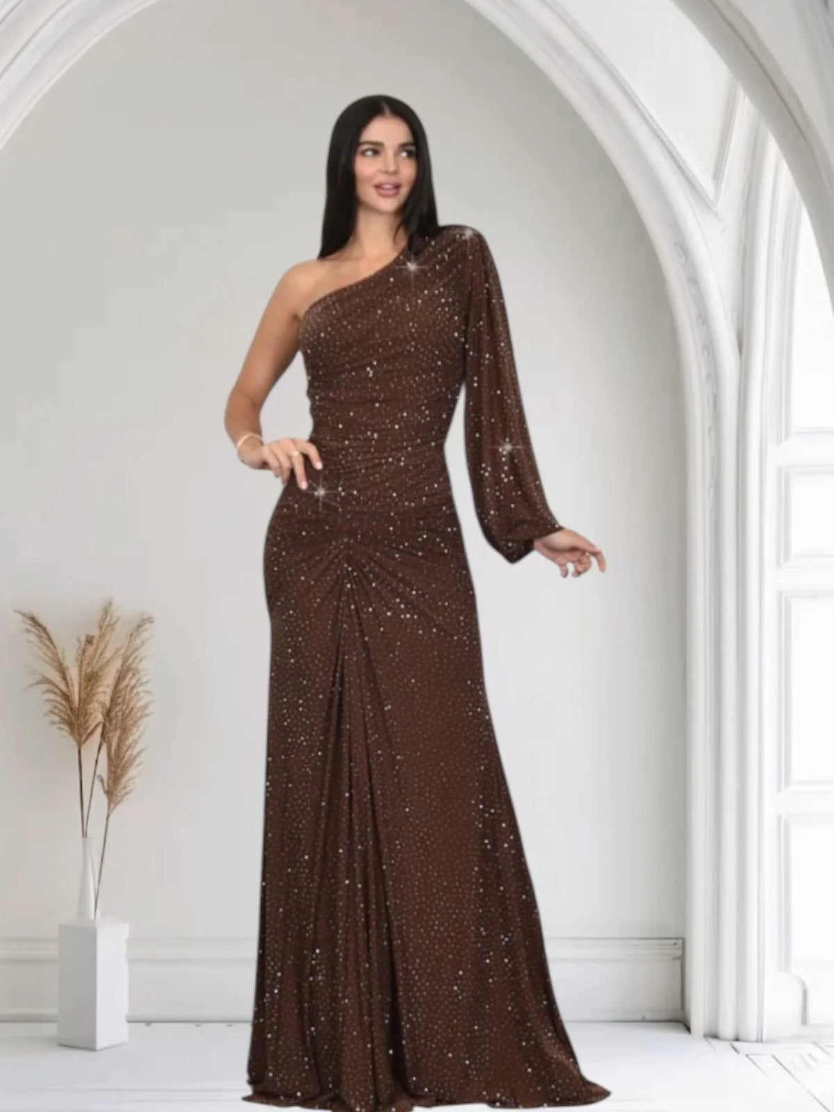 Celestial One Shoulder Gown in Chocolate with Shimmer Finish