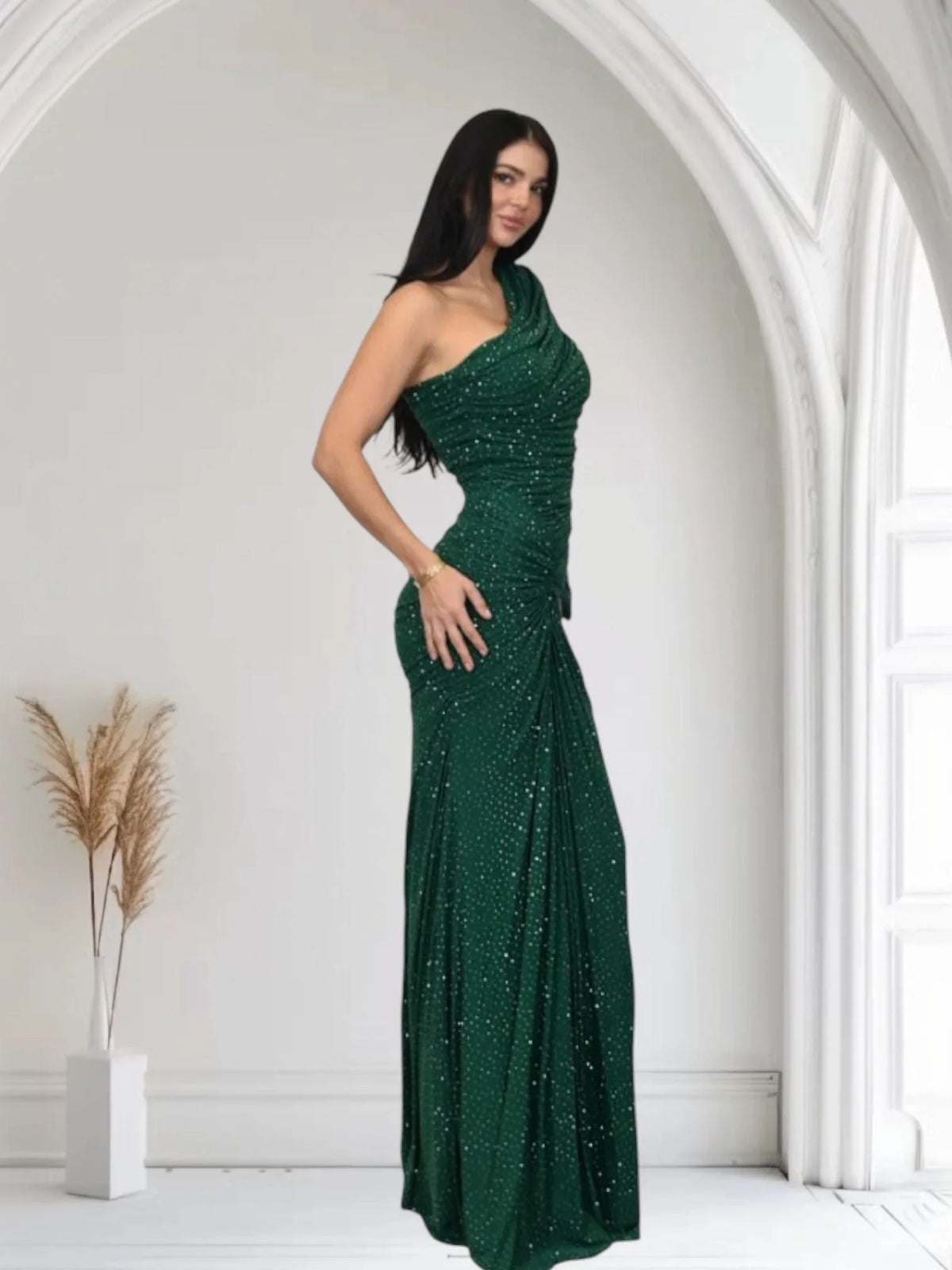 Celestial One Shoulder Gown in Forest with Shimmer Finish