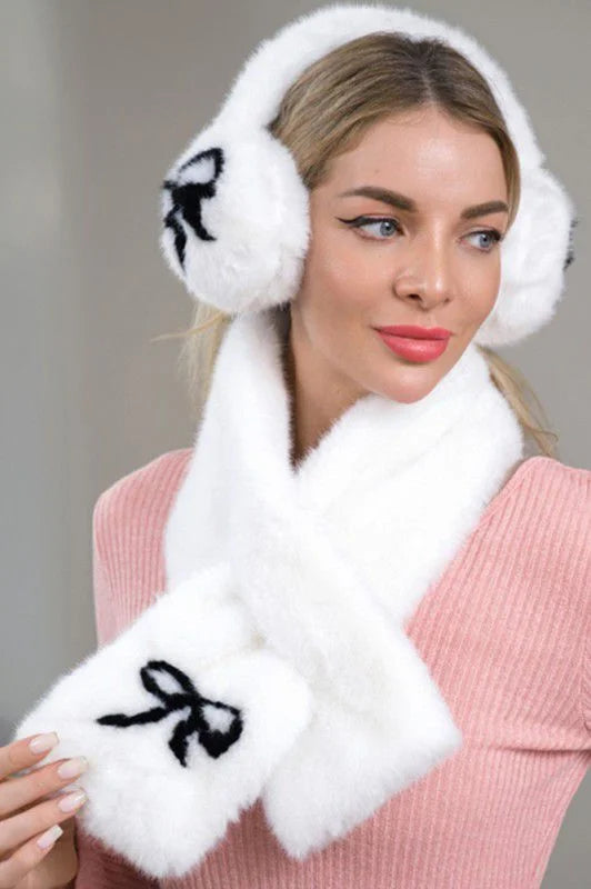 Chic Bow Fluffy Winter Scarf & Ear Muff Set - White