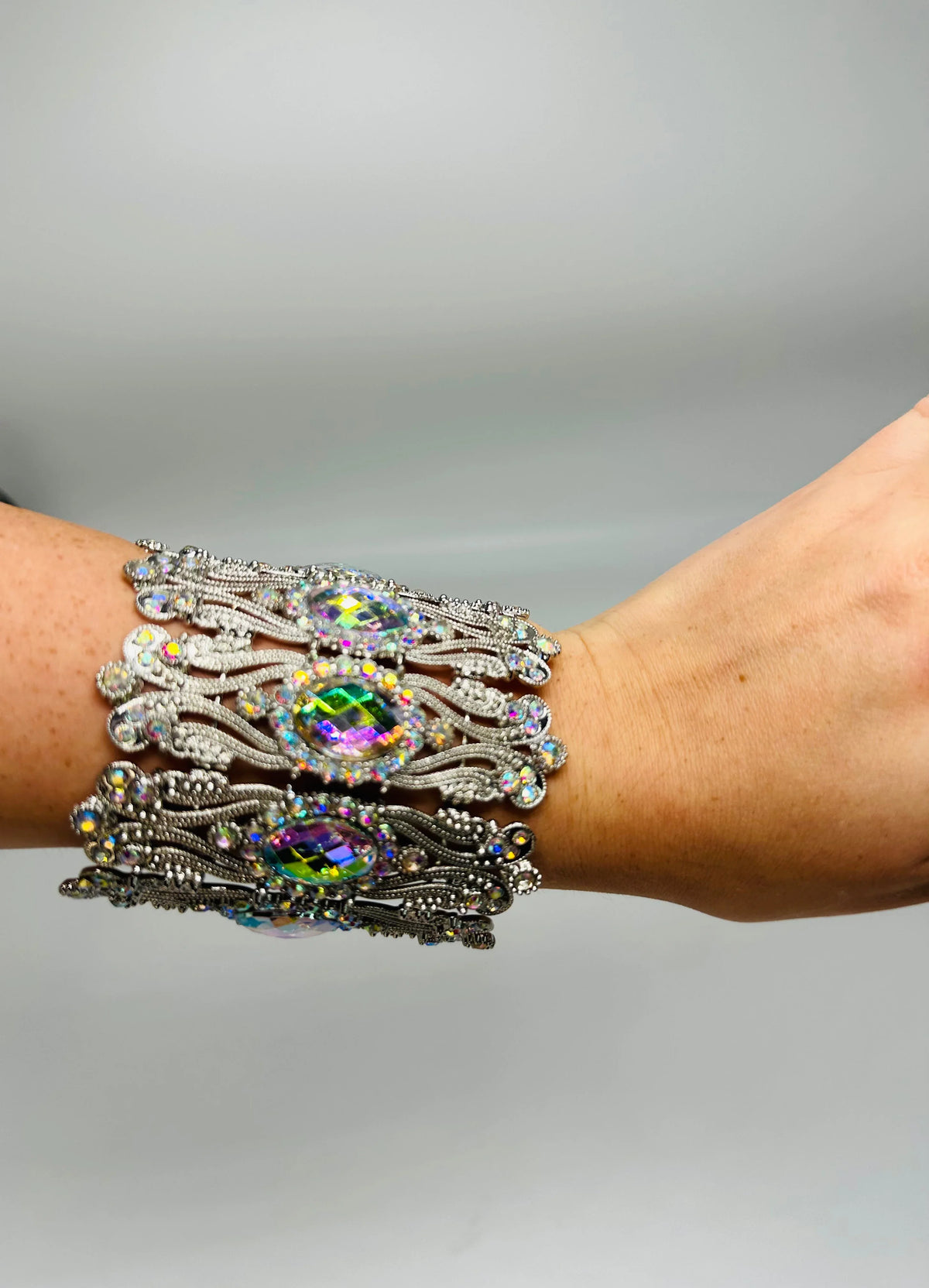 Crystal Cuff Bracelet with Oval Stones in Gold or Silver Finish