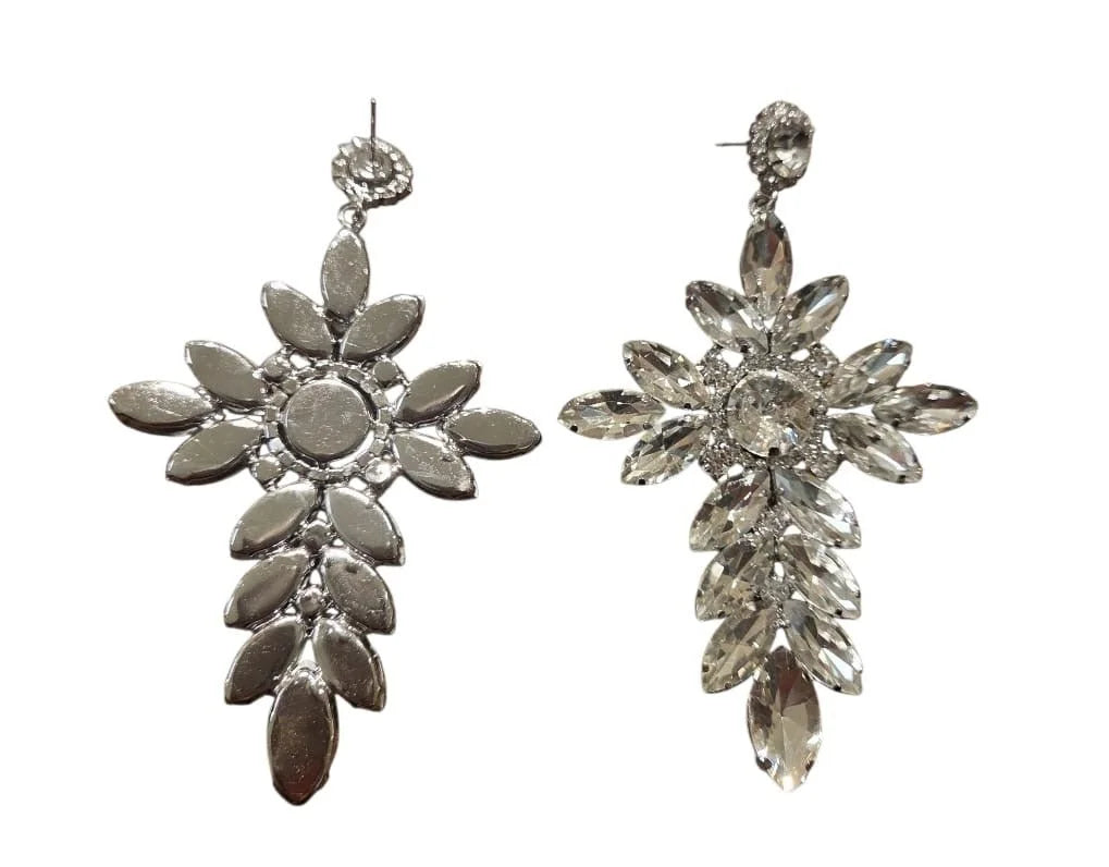 Crystal Flower Drop Earrings-Silver