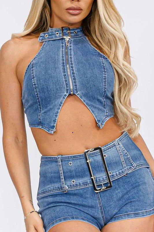 Denim Chic Halter Top and Shorts Set