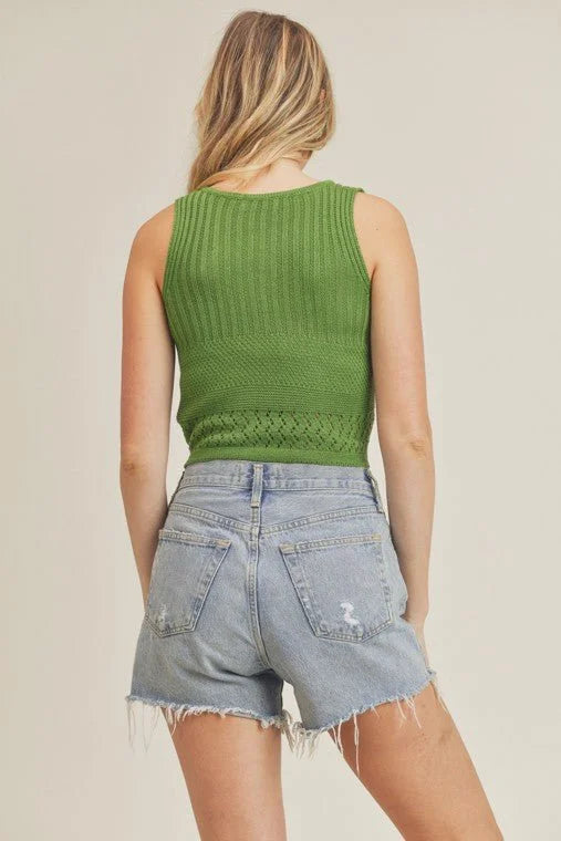 Drawstring Knit Tank Top - Basil
