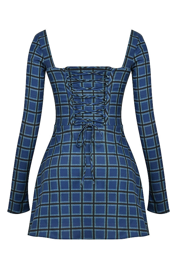 blue tartan corset mini dress