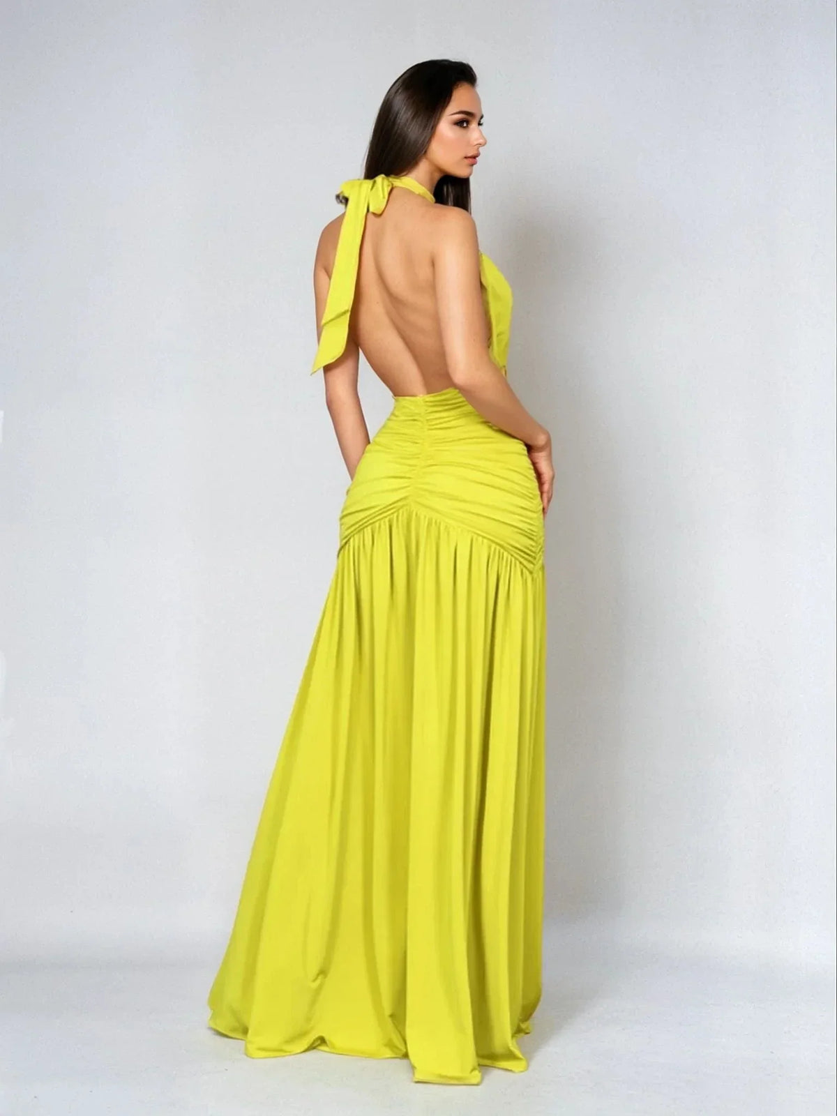 Elysian Plunge Halter Gown – Chartreuse Ruched Slit Maxi Dress