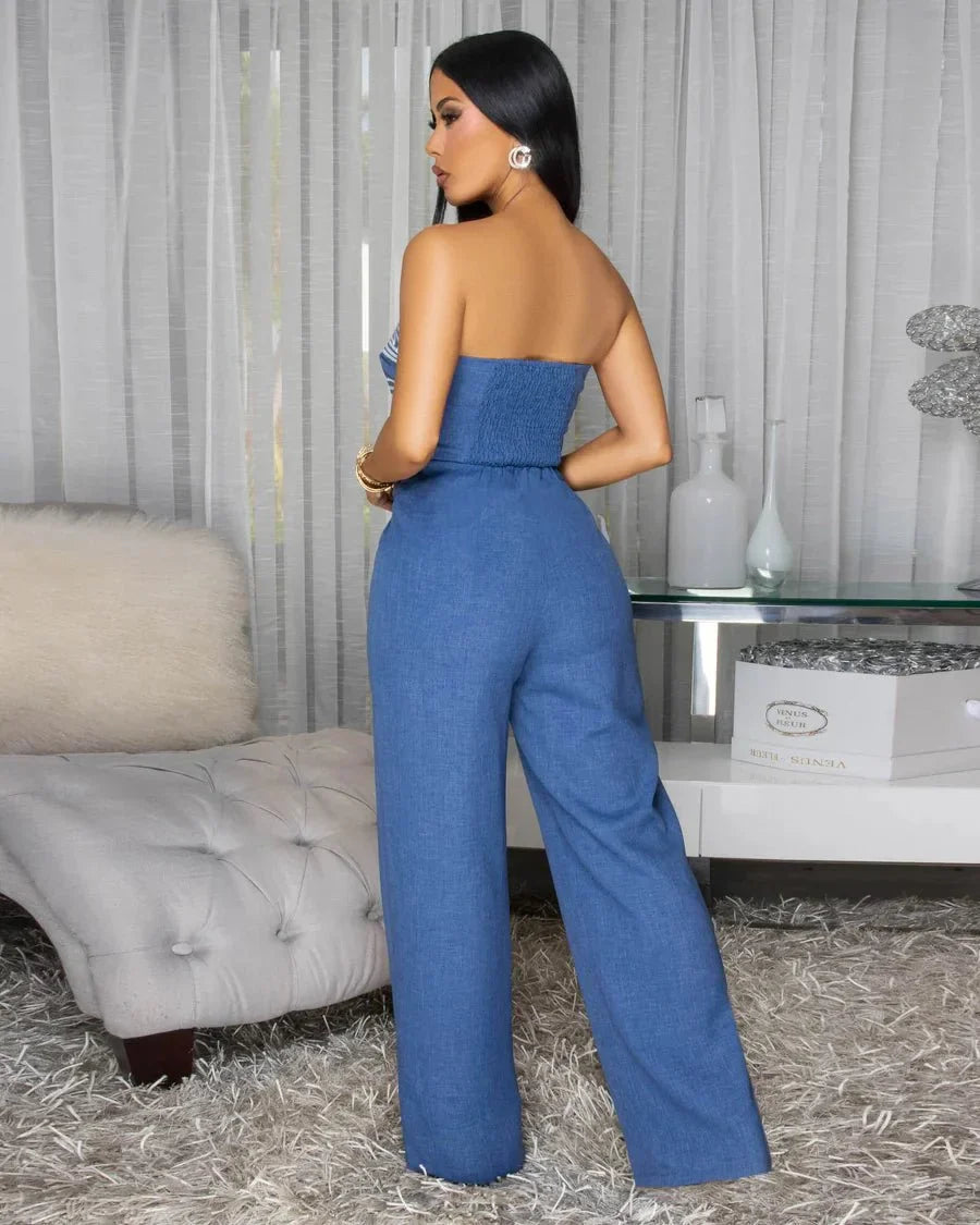 Embroidered GeoMuse Strapless Jumpsuit - Denim