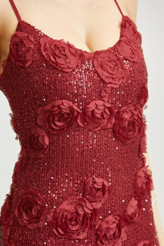 Enchanted Rosette Burgundy Sequin Gown with Chiffon Skirt