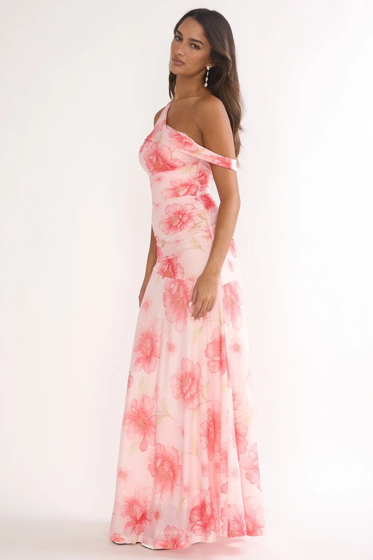 Lylah Asymmetric Neckline Mesh Maxi Dress Floral Pink