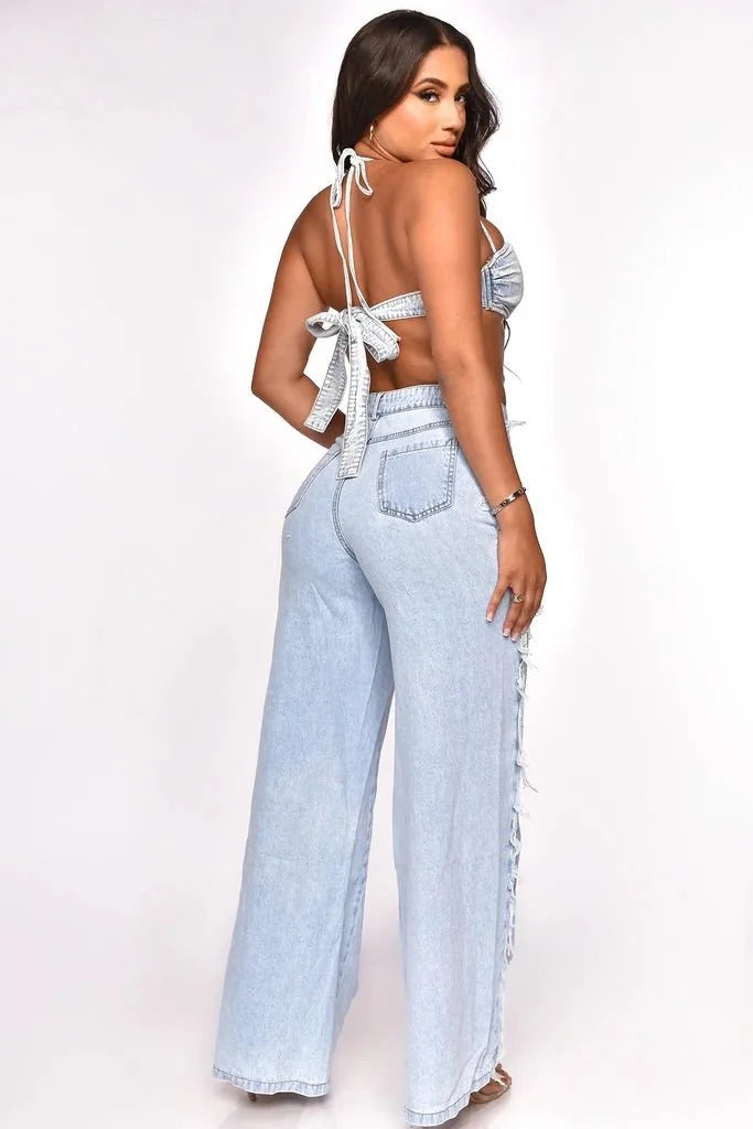 Feeling Artsy Denim Pants Set – Distressed Two-Piece Denim Look