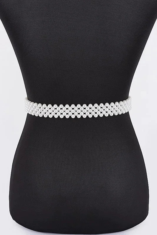 Floral Elegance Faux Pearl Stretch Belt Black