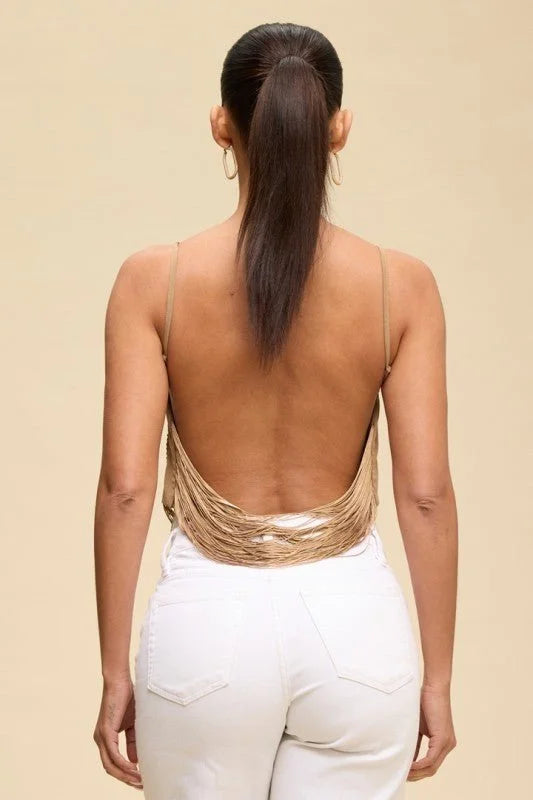 Fringe Open Back Fringe Top in Sand with Adjustable Straps