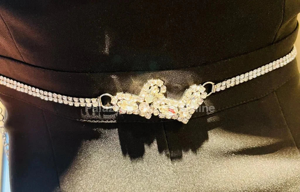 Gaby Two Sweet Heart Rhinestone Chain Belt (Silver)