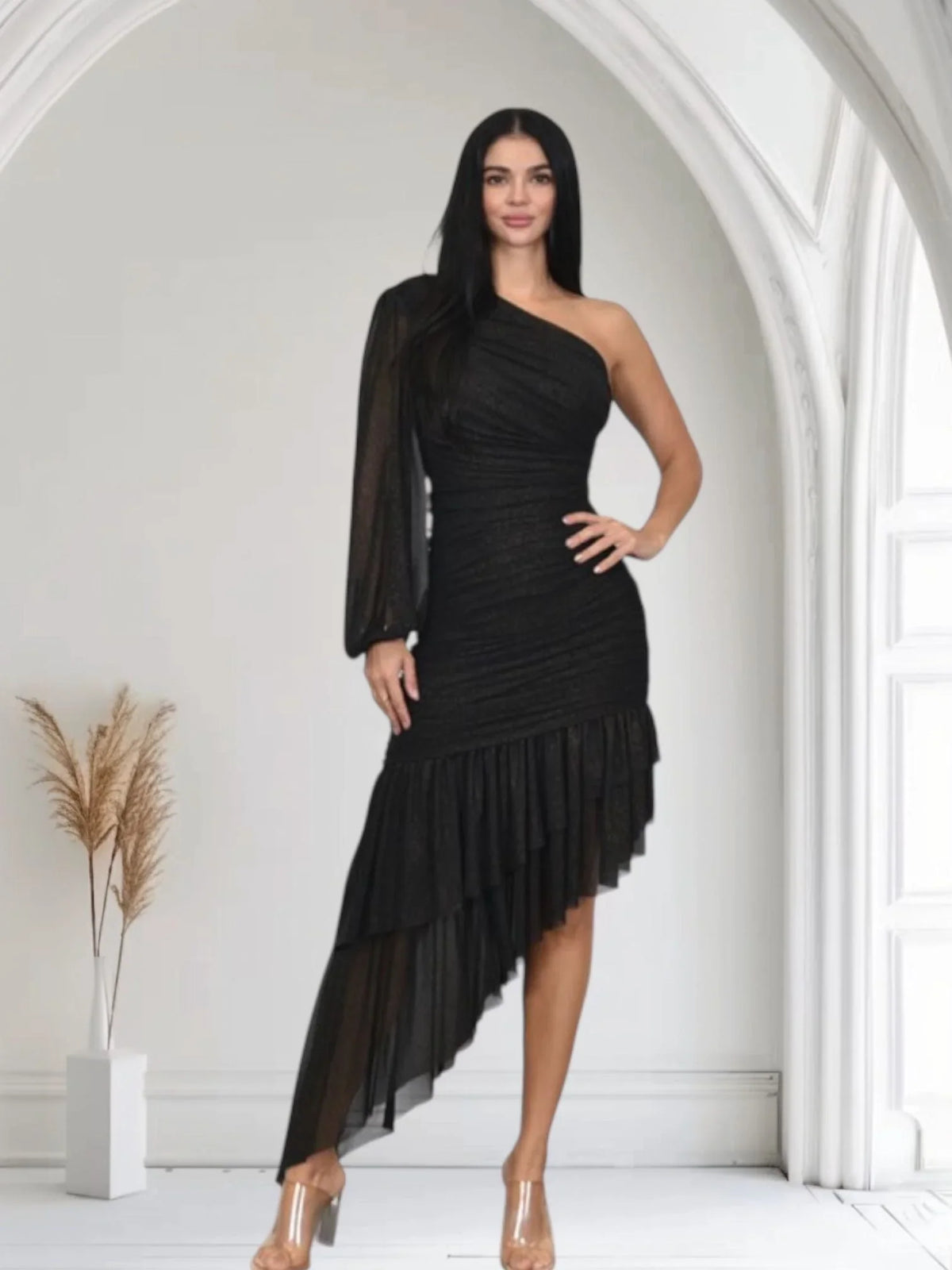 Gilded Allure One Shoulder Dress with Asymmetrical Ruffle Hem (Black)