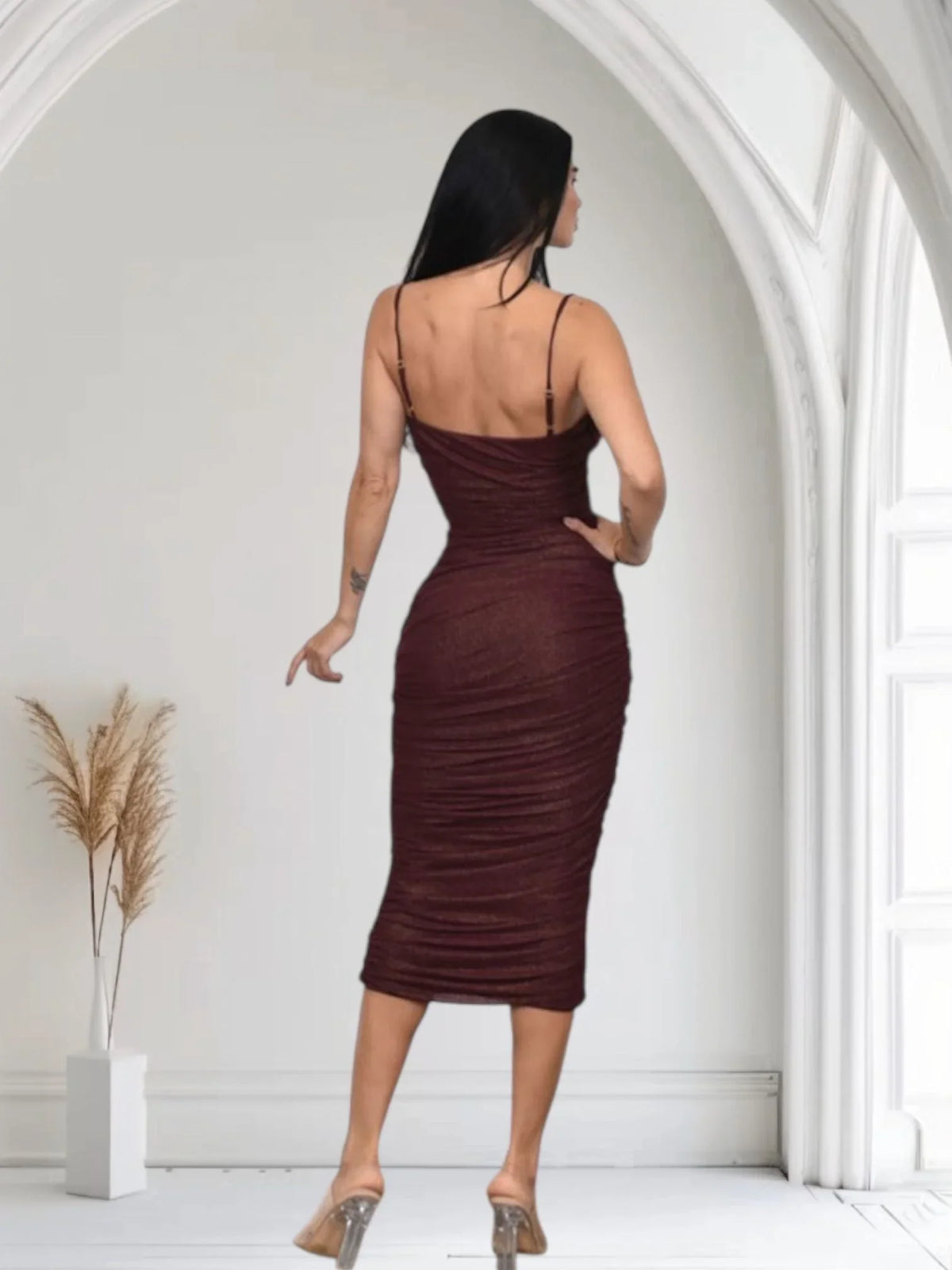 Gilded Allure Ruched Mesh Midi Dress - Merlot