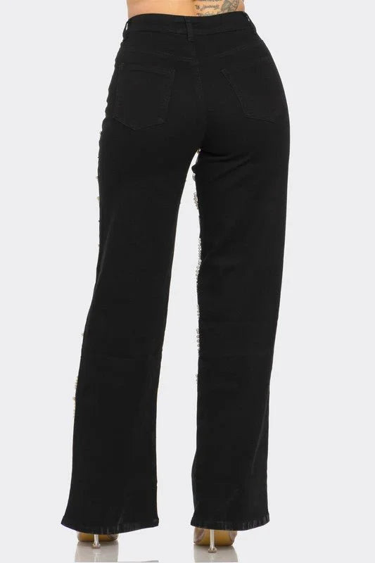 Glam Drip Pearl Statement Jeans - Black